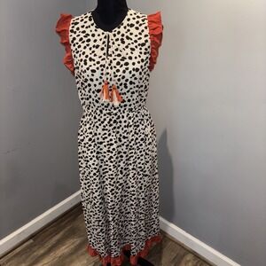 THML Dress Women SzL Flutter‎ Sleeves Animal Print Tassel Keyhole Midi Safari